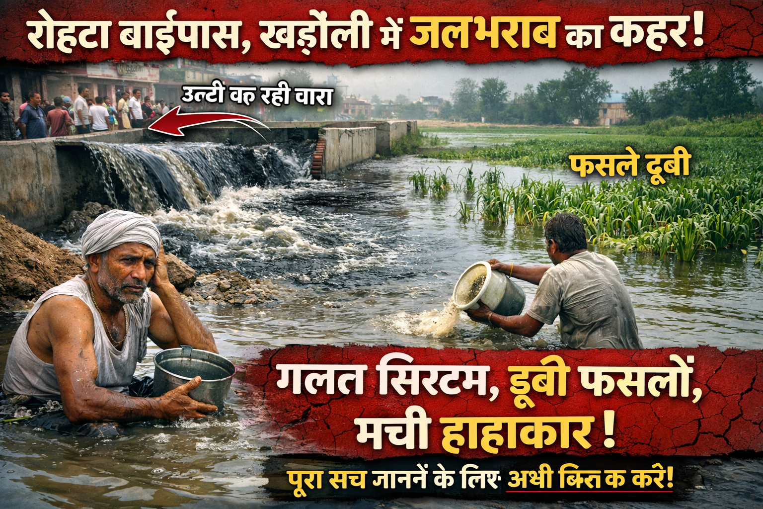 रोहटा बाईपास स्थित खड़ोली पर उल्टी बह रही नालों की धारा, खड़ौली में डूब रही फसलें — सिस्टम की भारी चूक उजागर